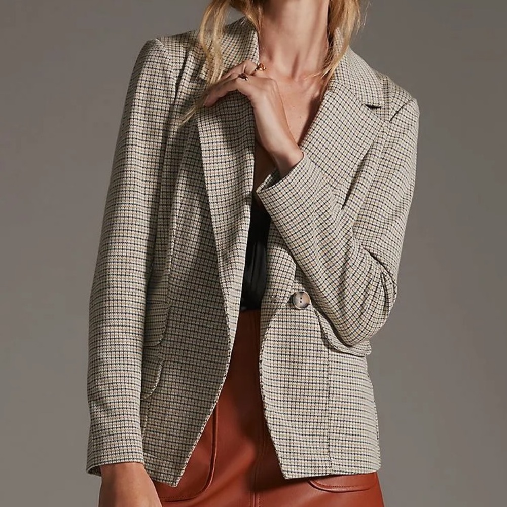 ANTHROPOLOGIE Maeve Houndstooth Collegiate Stretch Knit Asymmetric Blazer Sz XS